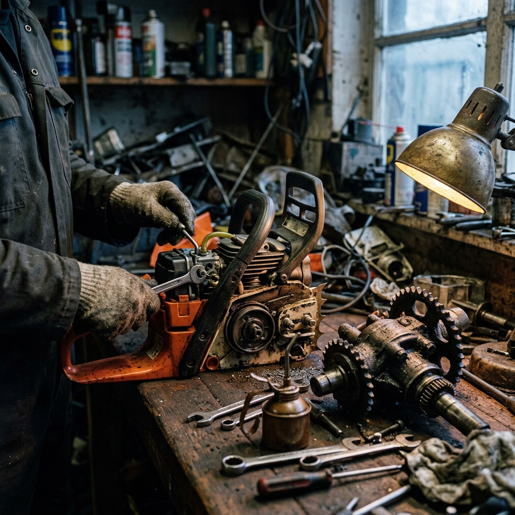 Reparation av motordel från skogs- och lantbruksmaskin