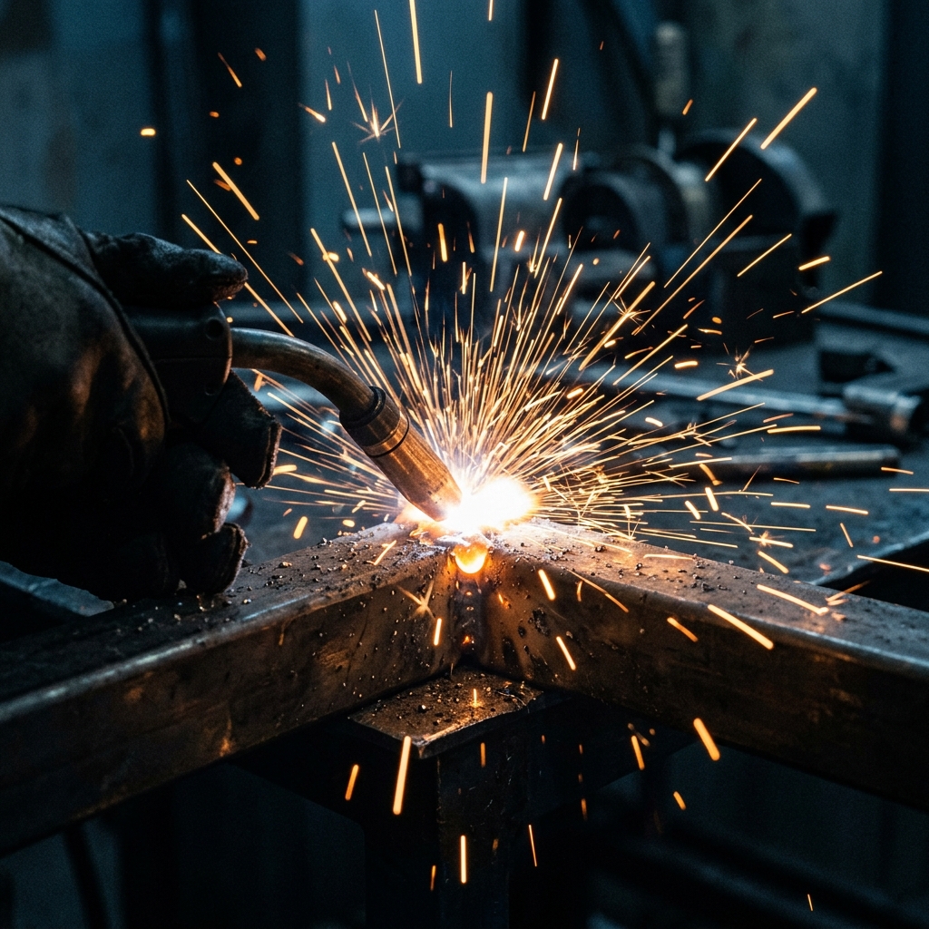 Svetsgnistor från en metallreparation i verkstaden